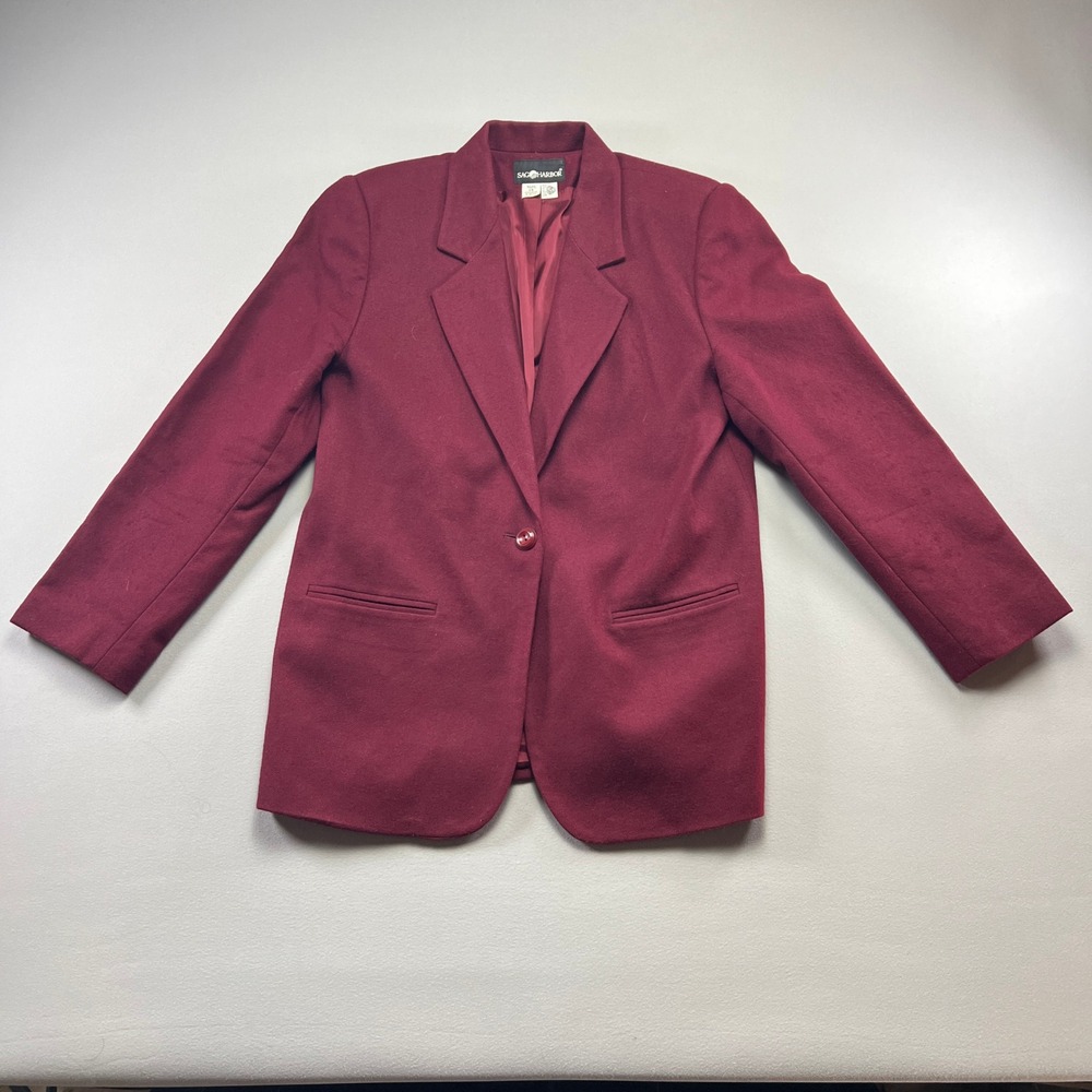 Vintage Sag Harbor Blazer Jacket Womens 14 Maroon Wool Blend Single Breasted